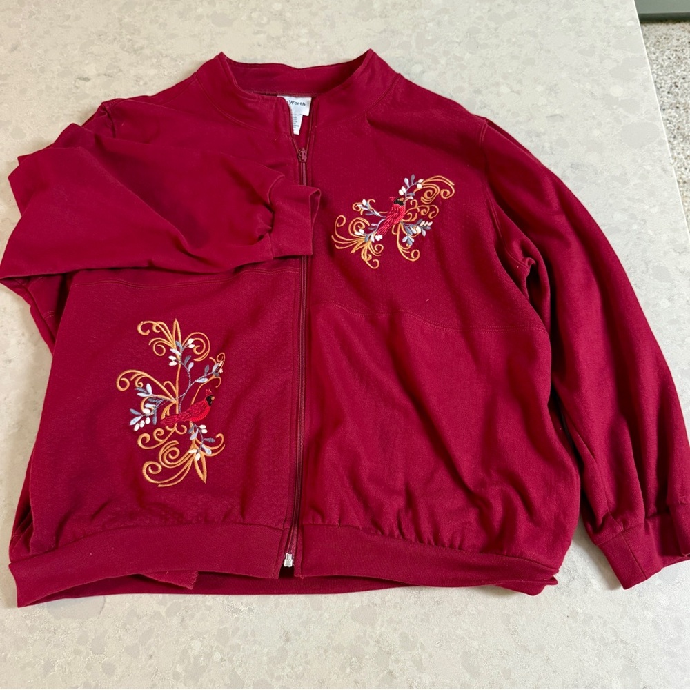 Bon Worth Full Zip Embroidered Long Sleeve Jacket Cardinal Pattern Sz Large